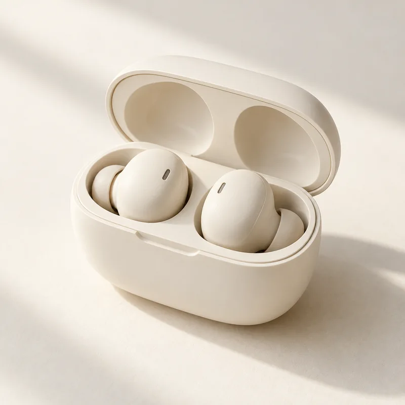 Illustrative cream earbuds and charging case concept