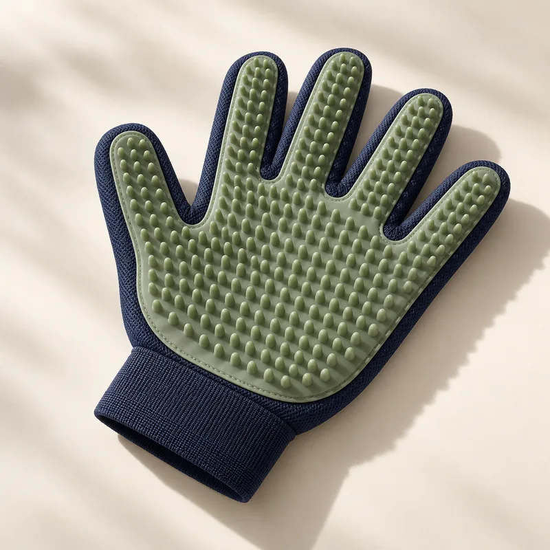 Illustrative sage and navy pet grooming glove concept